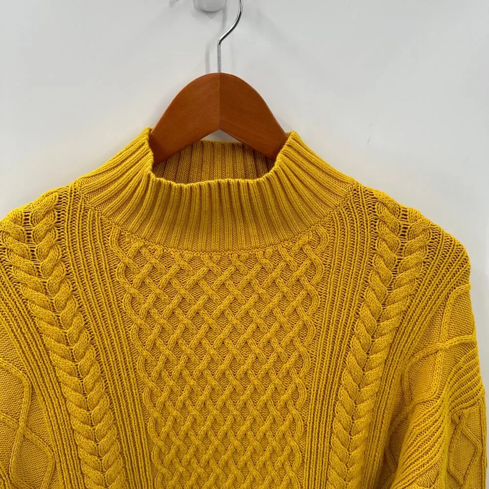 J. Crew Long Cotton Cable-Knit Mockneck Sweater in Mustard BD709 // XS
